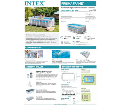 Intex Басейн с тръбна конструкция Prism Frame ClearView Premium правоъгълен 400x200x100 см с помпа и стълба